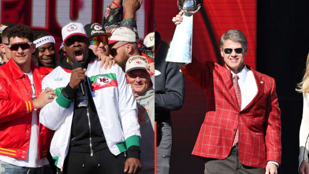 LEFT: Feb 14, 2024; Kansas City, MO, USA; Kansas City Chiefs defensive tackle Chris Jones (95) addresses the crowd on stage with quarterback Patrick Mahomes (15) during the celebration of the Kansas City Chiefs winning Super Bowl LVIII. Mandatory Credit: Kirby Lee-USA TODAY Sports   RIGHT: Feb 14, 2024; Kansas City, MO, USA; Kansas City Chiefs chairman and co-owner Clark Hunt holds the Vince Lombardi Trophy on stage with his wife Tavia during the celebration of the Kansas City Chiefs winning Super Bowl LVIII. Mandatory Credit: David Rainey-USA TODAY Sports